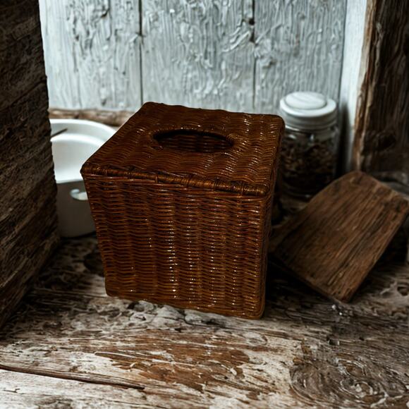 Vintage Square Wicker Tissue Box Cover – Boho Bathroom Rattan Holder 6” - Picture 6 of 7